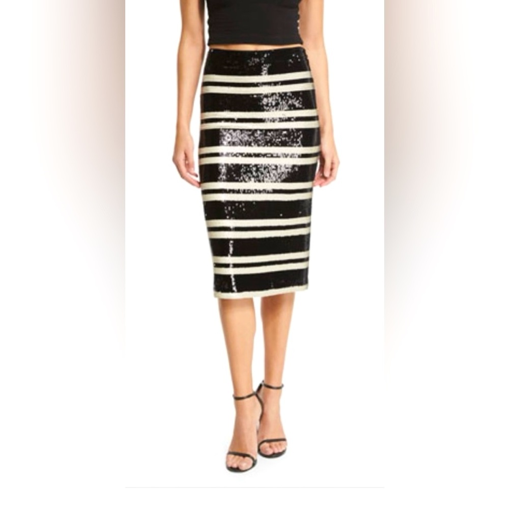 ALICE + OLIVIA Black Ivory Striped Sequin Embellished Rue Pencil Skirt